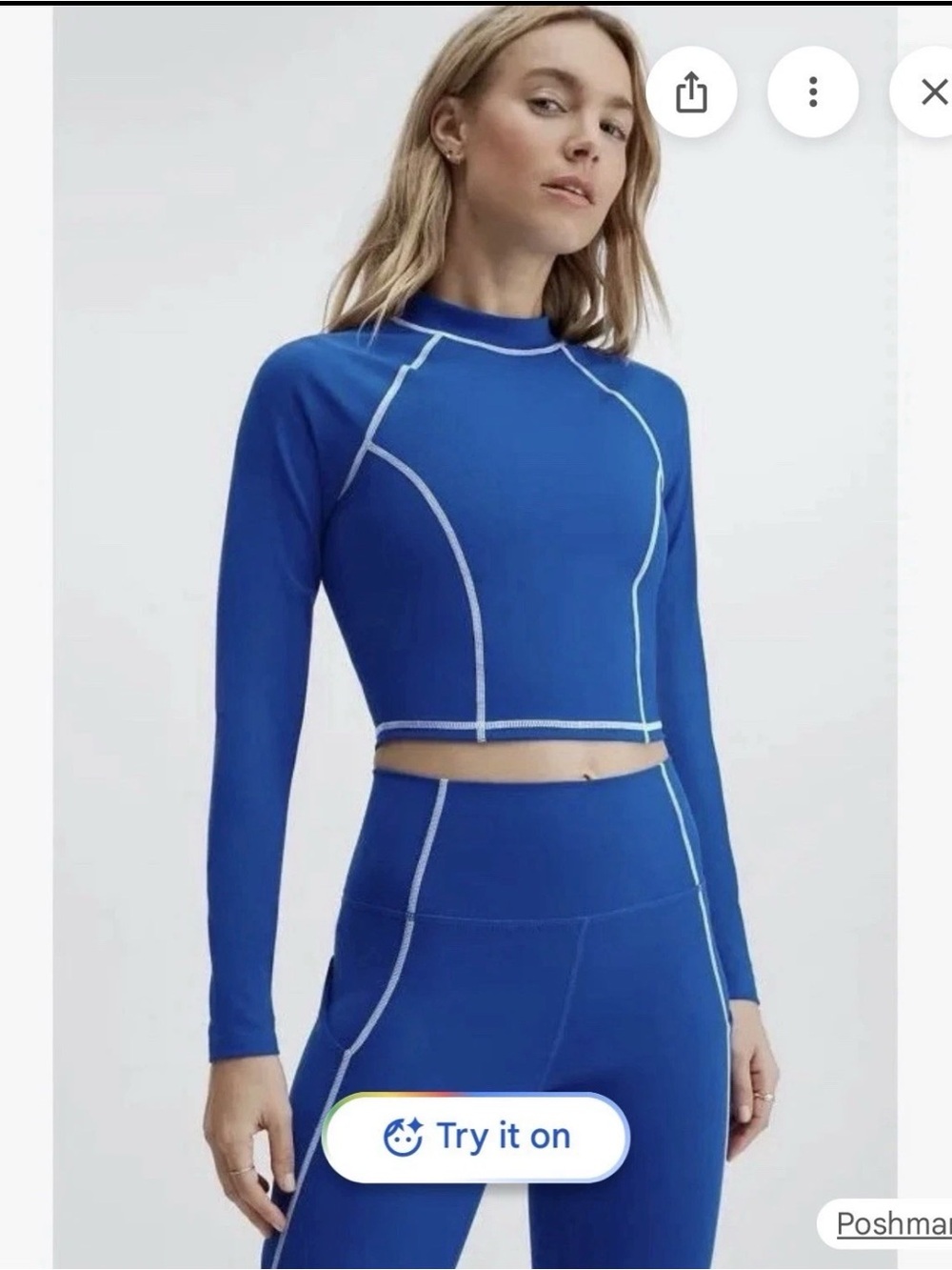 NIP Fabletics Yasmin Long Sleeve Crop Top Large Classic Blue Contrast Stitch NWT
